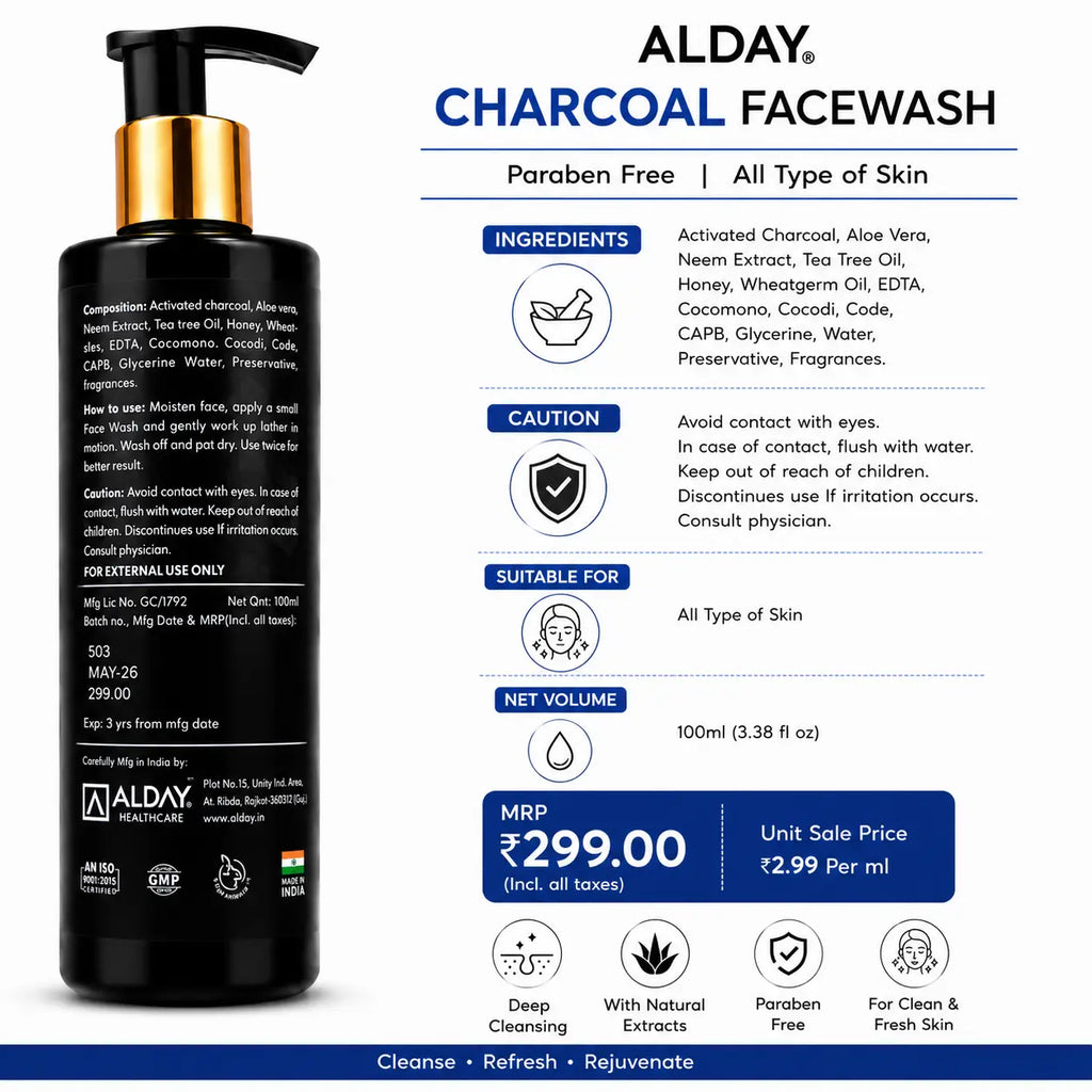 ALDAY Charcoal Face Wash – Buy 1 Get 1 Free | Pack of 2 | 100ml Each ALDAY Beauty
