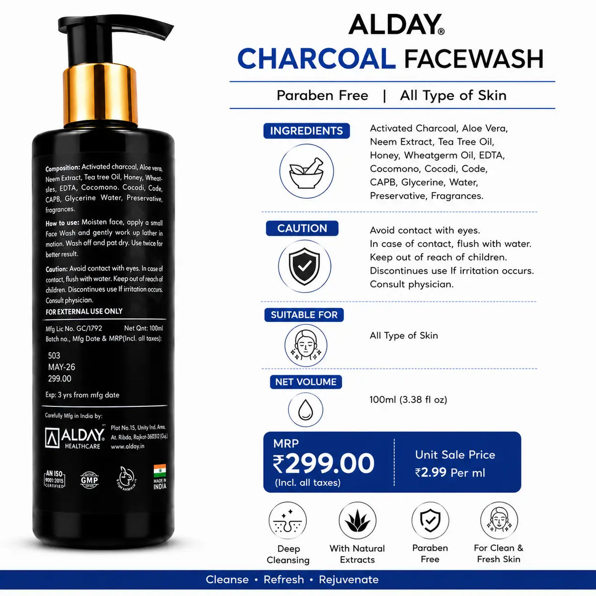 ALDAY Charcoal Face Wash – Buy 1 Get 1 Free | Pack of 2 | 100ml Each ALDAY Beauty