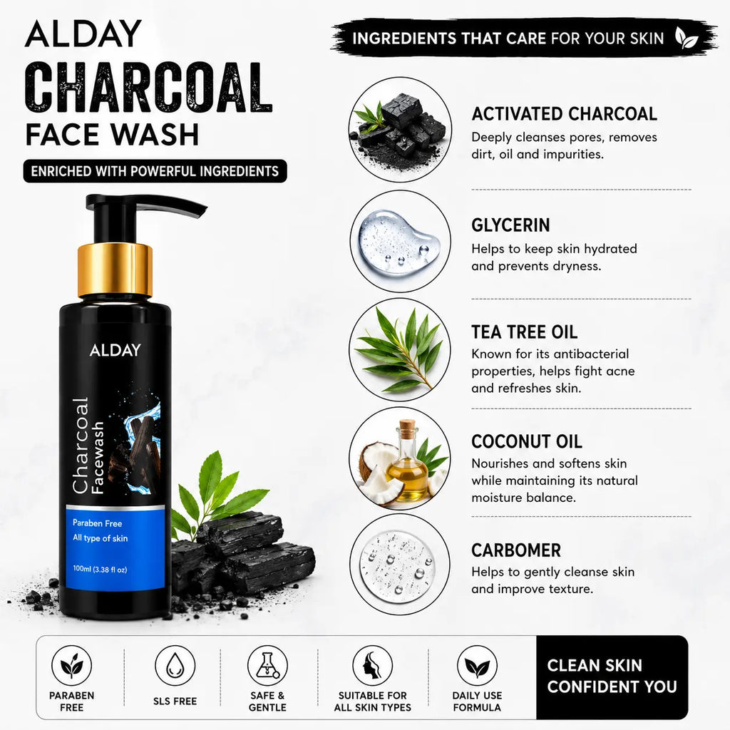 ALDAY Charcoal Face Wash with Aloe Vera, Neem & Tea Tree Oil ALDAY Beauty