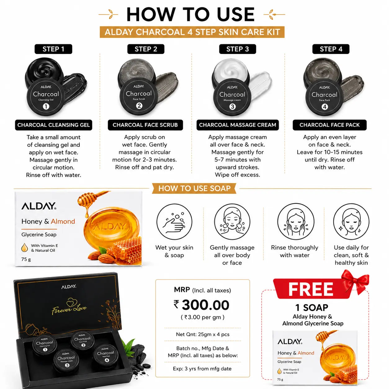 ALDAY Charcoal 4-Step Skin Care Kit + FREE Honey & Almond Soap (Combo Offer ALDAY Beauty