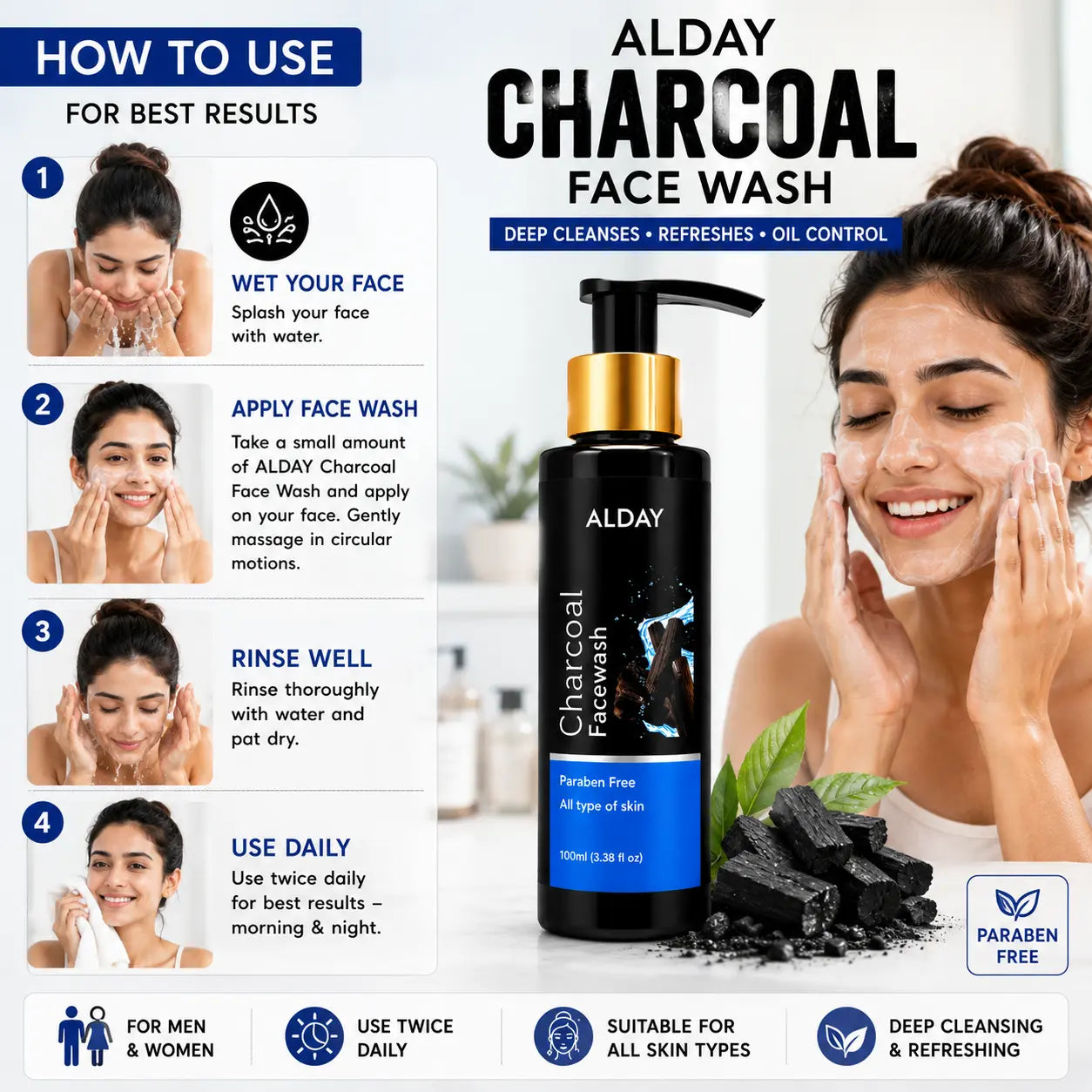ALDAY Charcoal Face Wash with Aloe Vera, Neem & Tea Tree Oil ALDAY Beauty