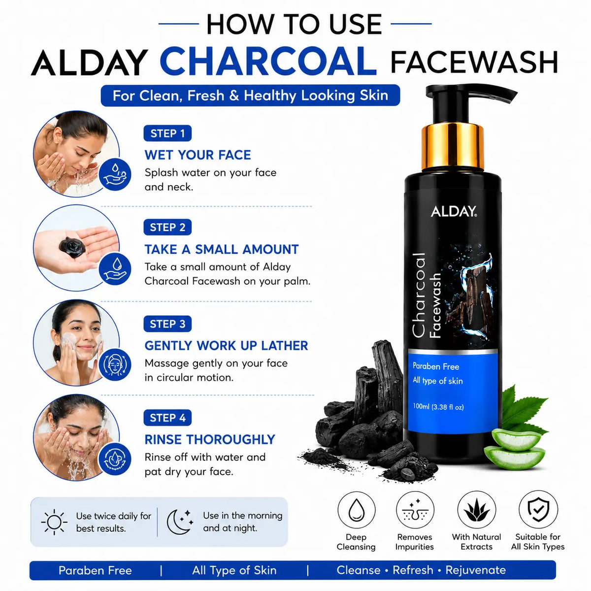 ALDAY Charcoal Face Wash – Buy 1 Get 1 Free | Pack of 2 | 100ml Each ALDAY Beauty