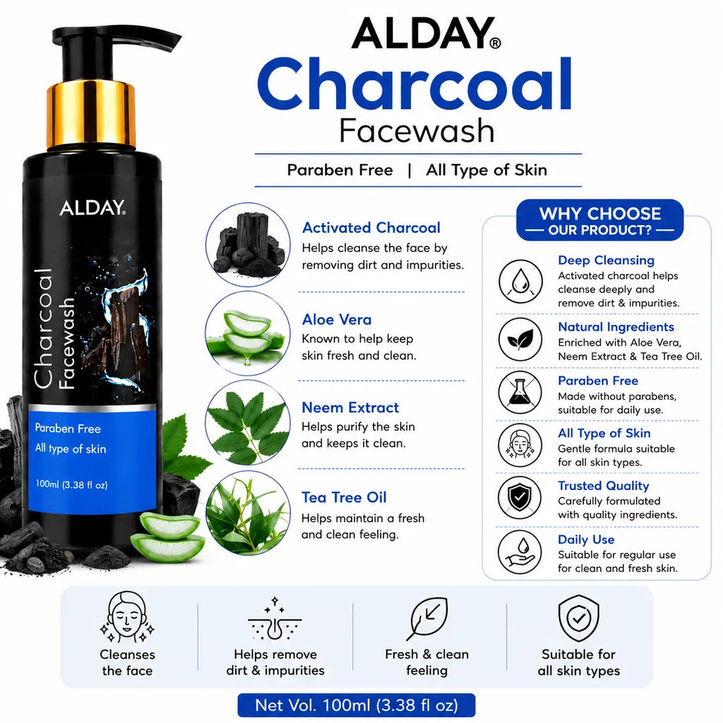 ALDAY Charcoal Face Wash – Buy 1 Get 1 Free | Pack of 2 | 100ml Each ALDAY Beauty